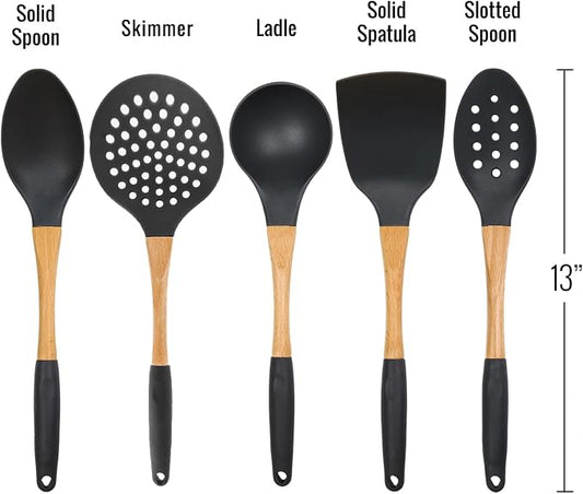 Beille 5pc Dark Grey Nylon Wooden Kitchen Utensils - Image 2