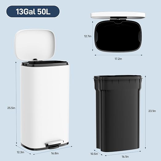 Arlopu13.2 Gallon Step Trash Can, Stainless Steel Garbage Bin, Soft-Close - Image 2