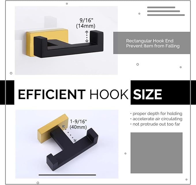 Angle Simple Towel Hook Black & Gold 2 PCS, Stainless Steel Double Hook - Image 7
