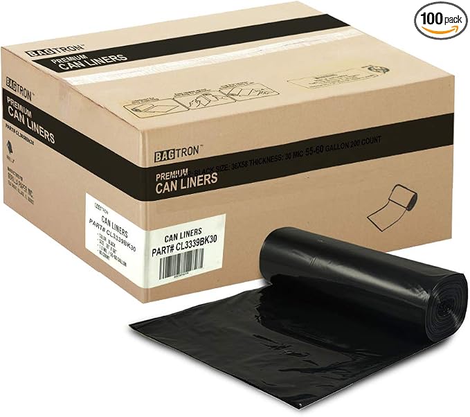 33 Gallon Trash Bags, 30 Micron Heavy Duty Pure LDPE Garbage Can Liners by Bagtron