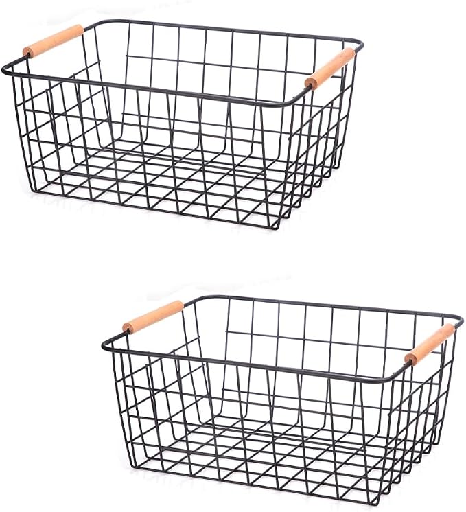 LeleCAT Wire Baskets with Wooden Handles Wire Storage Organizer Bin Baskets - Image 5