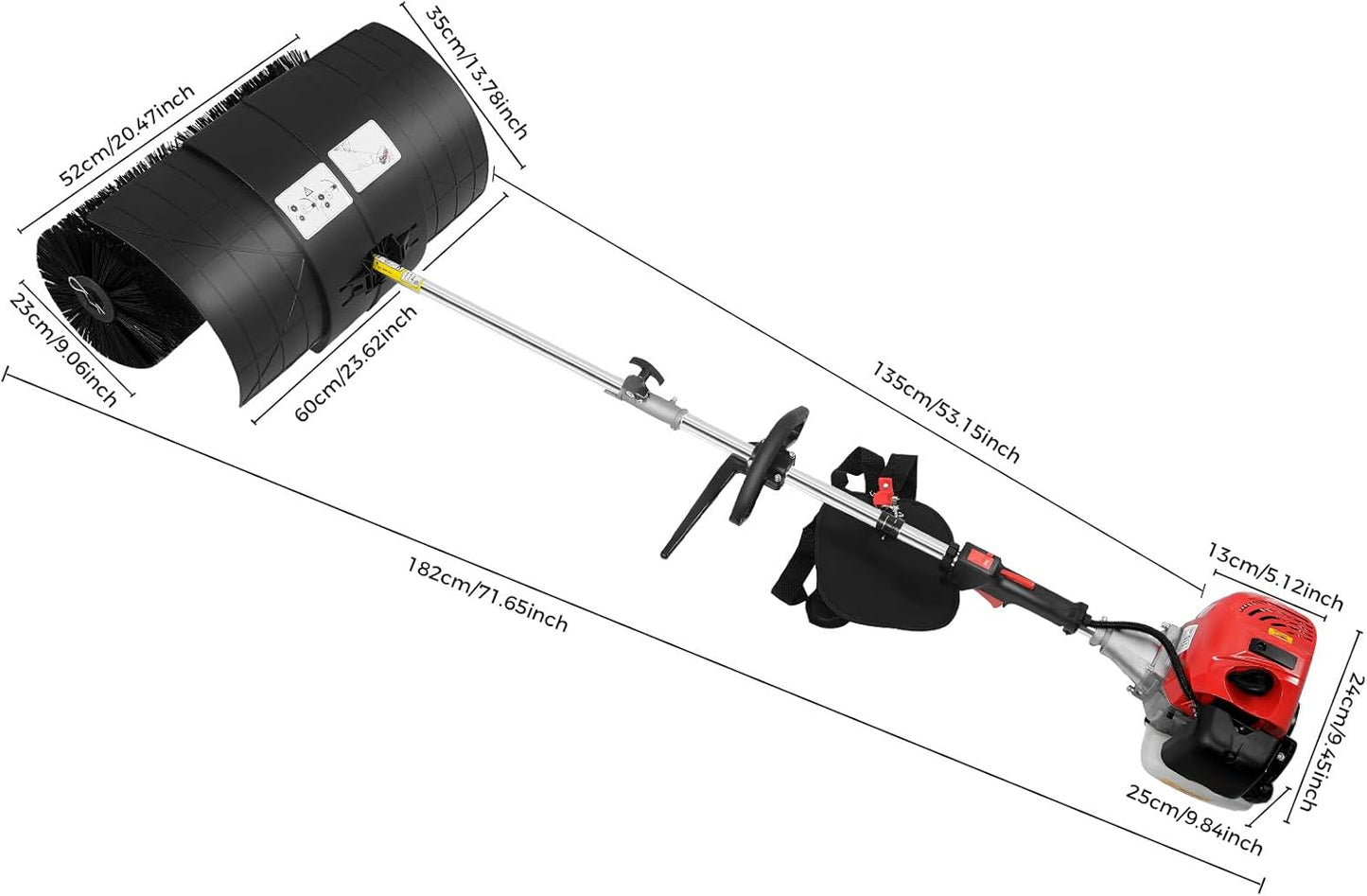 Gas Power Broom Sweeper, 52cc 2.3HP 2 Stroke Handheld Power Broom Artificial Grass Brush Gasoline Lawn Sweeper for Cleaning Driveway Turf Lawns Artificial Grass