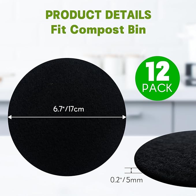 12 Pack - 6.7 Inch Round Compost Bin Charcoal Filters, Extra Thick Activated - Image 2