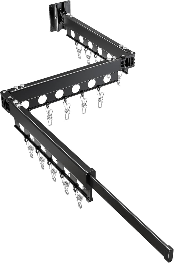 Clothes Drying Rack Foldable Wall Mounted Drying Rack 3 Fold Black-Laundry - Image 8