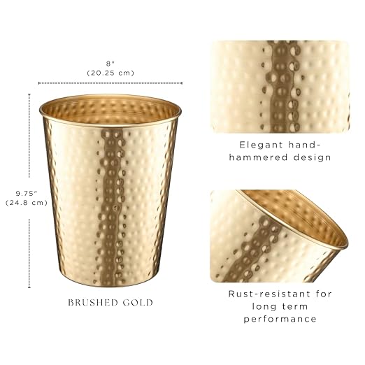Monarch Abode Brushed Gold Hand Hammered Metal Wastebasket - Image 3