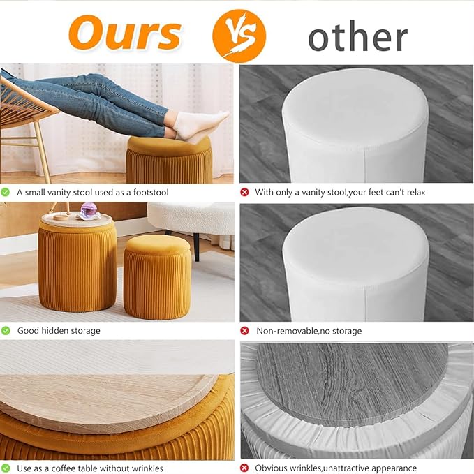 Round Ottoman with Storage Set of 2-Upholstered Velvet Vanity Stool - Image 5