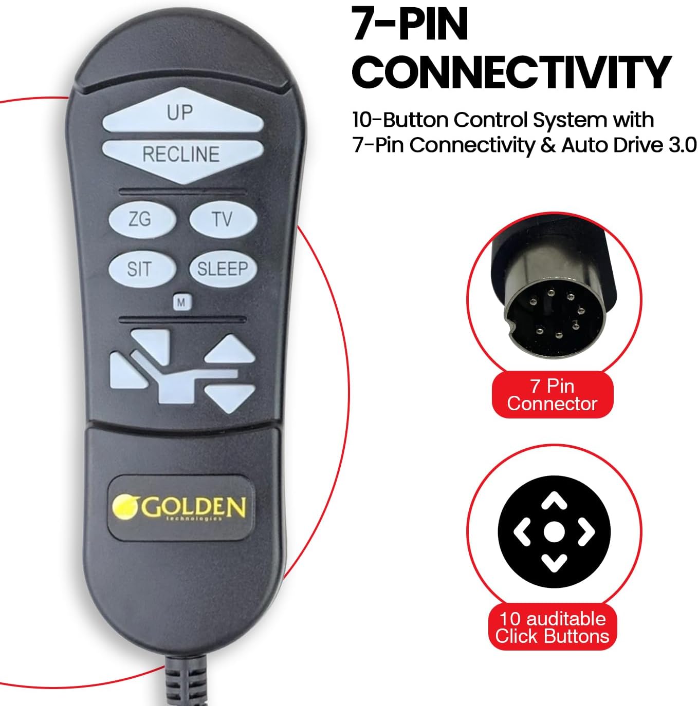 AlveyTech AutoDrive 3.0 7-Pin Hand Control for MaxiComfort Lift Chairs - Golden Technologies Lift Chair Remote Control - Backlit Recliner Remote Replacement with PR-505, PR-508, PR-510, PR-756