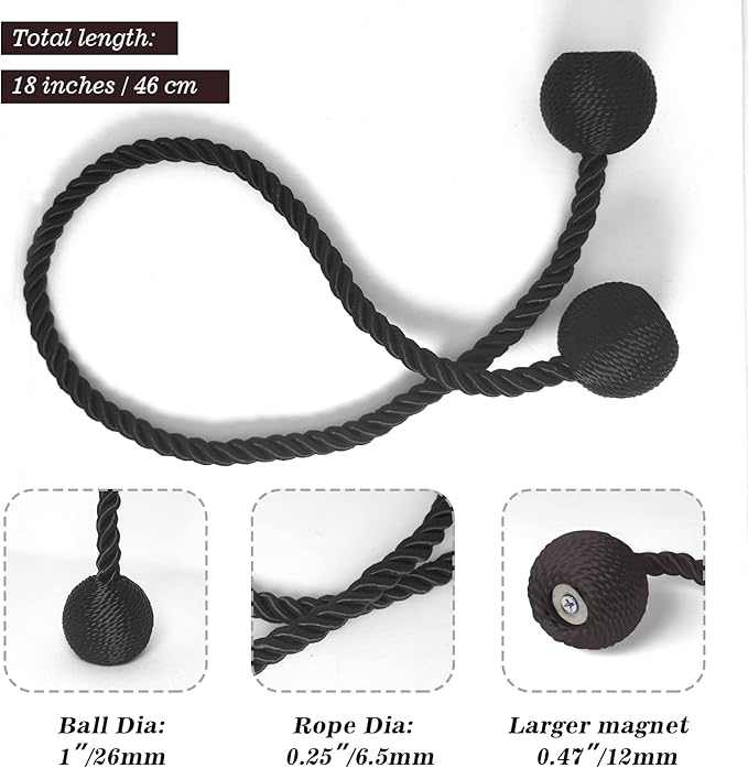 Hion Magnetic Curtain Tiebacks Black 2pcs, Curtain Tiebacks Buckles Holdbacks - Image 2