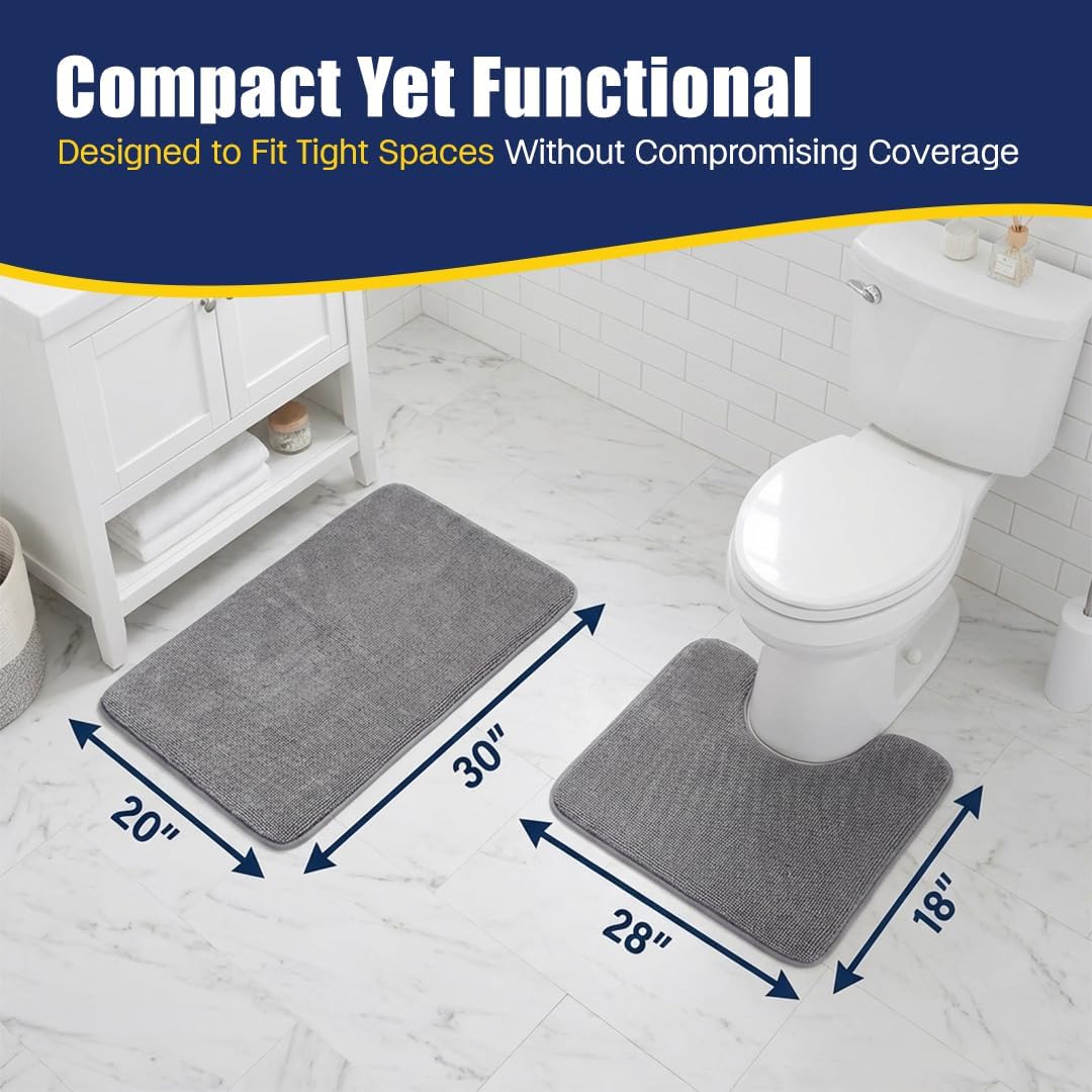 Muddy Mat® CloudStep Bathroom Rugs 2 Piece Set, Non Slip Bath Mats for Bathroom, Absorbent Memory Foam Chenille, Machine Washable Quick Dry Toilet Rug Set, Grey 20"x30" + 20"x20" U-Shaped