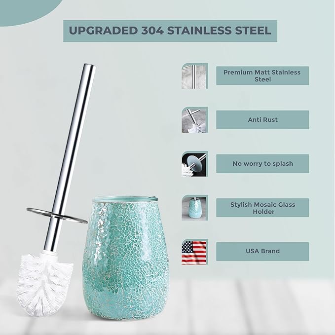 Escenzy Turquoise Green Toilet Brush and Holder Set Mosaic Glass | Non-Rustic - Image 2