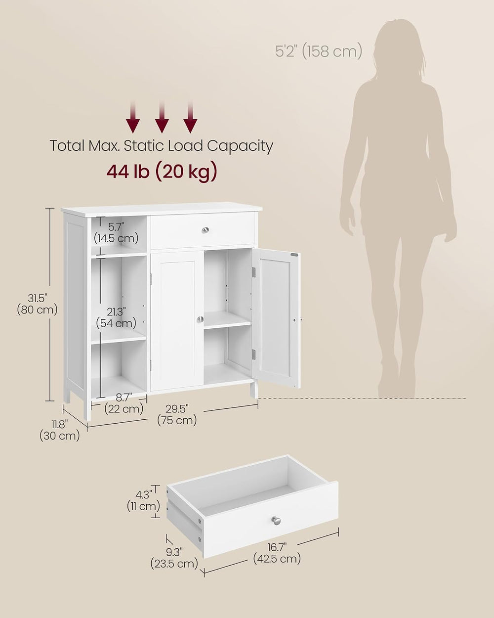 VASAGLE Bathroom Storage Cabinet, with 2 Doors, 31.5" H, Cloud White