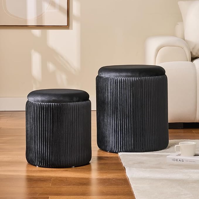 Round Set of 2 Ottoman with Storage-Upholstered Velvet Vanity Stool - Image 7