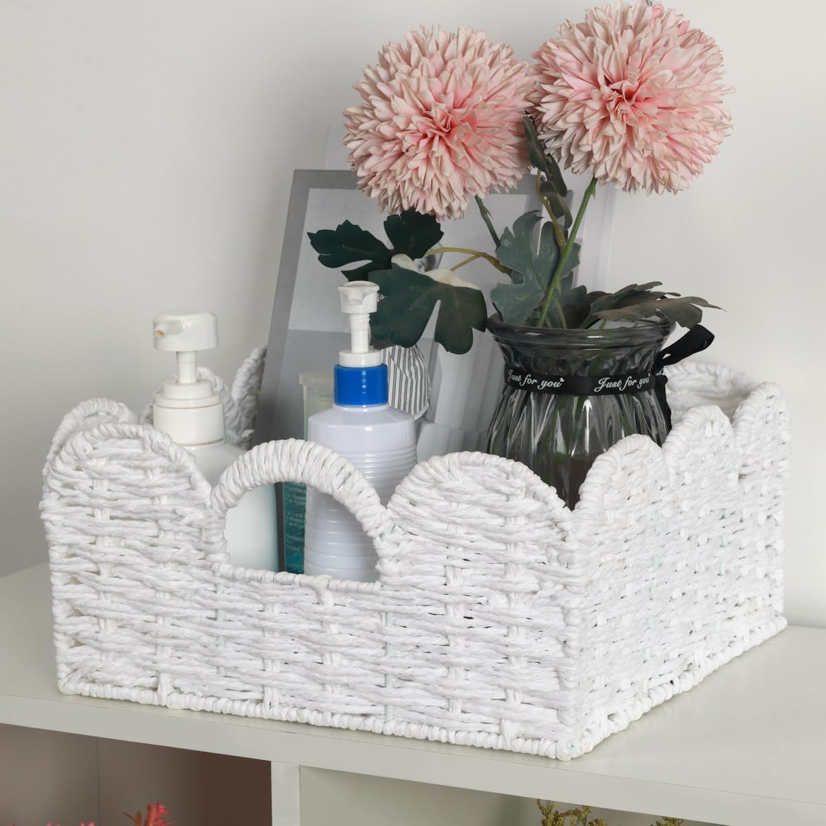 Graciadeco Scalloped Wicker Basket Natural Paper Rope Storage Baskets with Handles Handwoven Organizer Bin Wicker Storage Baskets for Home Decor, Organizing, 2 Pack (White)