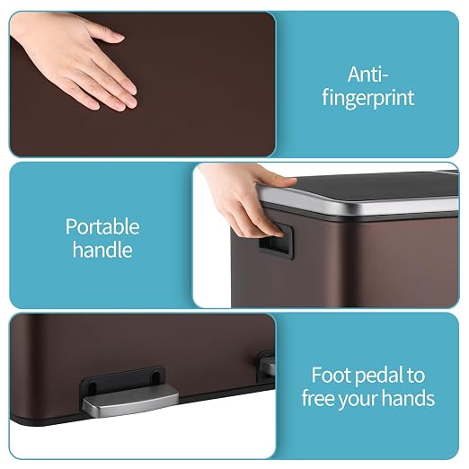 16 Gallon Rectangular Stainless Steel Trash Can, Dual Compartment Garbage Bin - Image 6