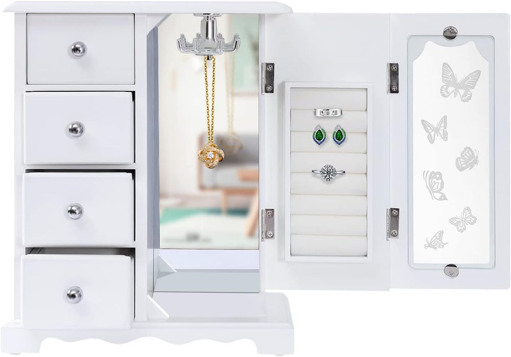 DYRABREST 4 TierJewelry Box White Wooden Jewelry Organizer Girls Women Jewelr...