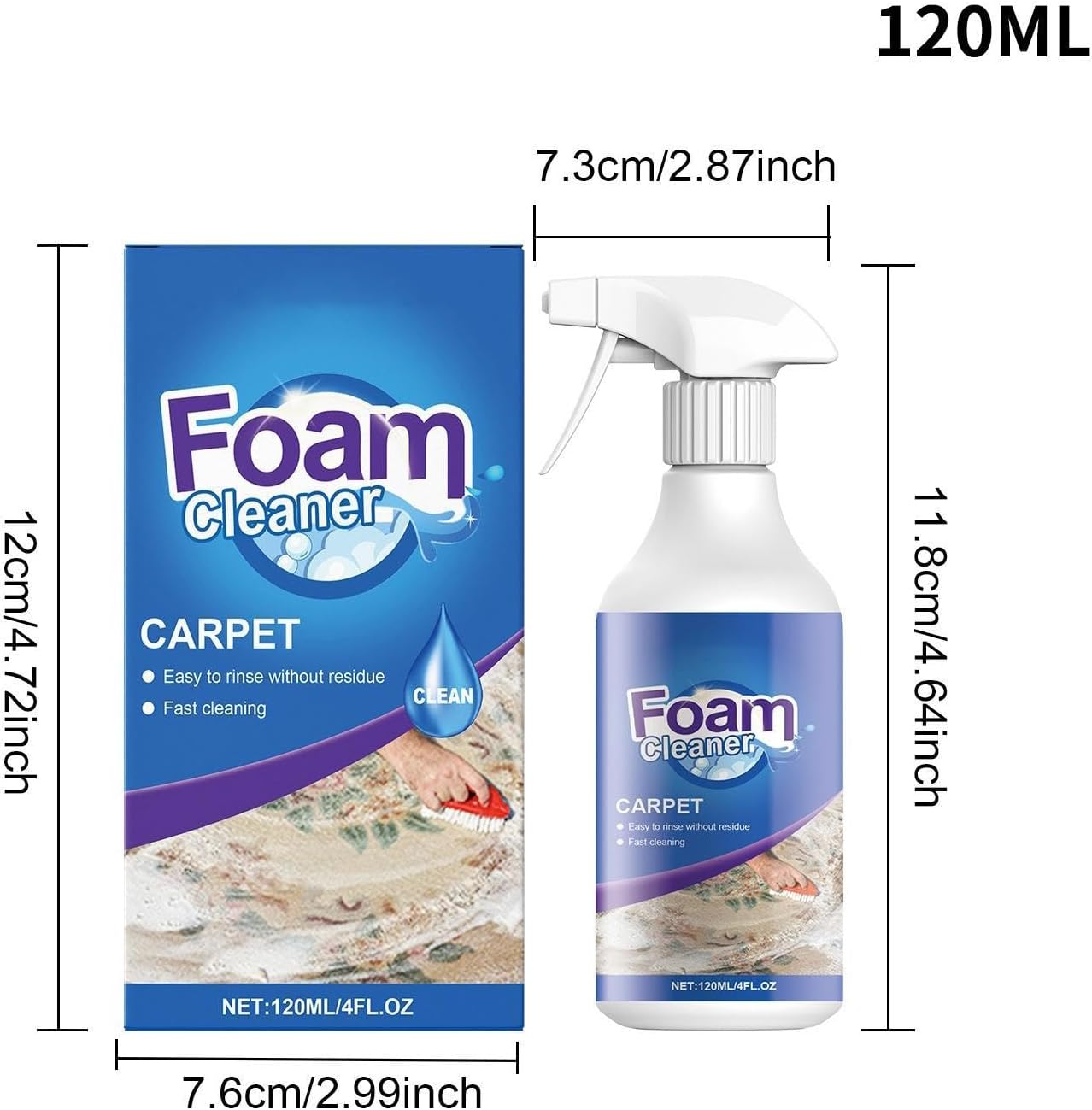 Carpet Spray Cleaner - Upholstery Foam Stain Remover, 2.87 Inches Cleaning Solution with Fast Acting, Agent, Care Product, Odor Eliminator for Stain Breakdown Fiber Hygiene Restoration