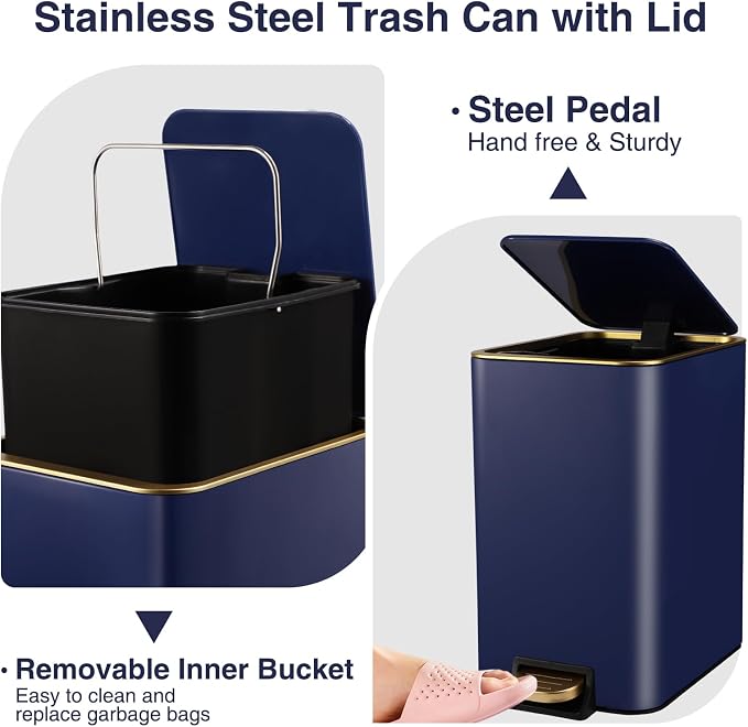 Small Bathroom Trash Can with Lid Soft Close, 1.8 Gallon Stainless Steel - Image 3