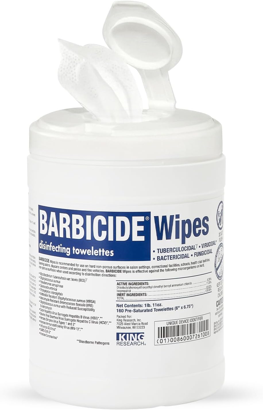 BARBICIDE Professional Disinfecting Wipes (160 Count) – 2-Minute Hospital-Grade Kill Time – EPA-Registered Surface Wipes for Salons, Barbershops & Spas – Bactericidal, Virucidal & Tuberculocidal