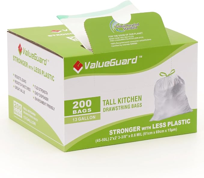 Large Trash Bag 13 Gallon Tall Drawstring 100% Post-Consumer Recycled Garbage by ValueGuard