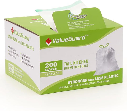 Large Trash Bag 13 Gallon Tall Drawstring 100% Post-Consumer Recycled Garbage by ValueGuard