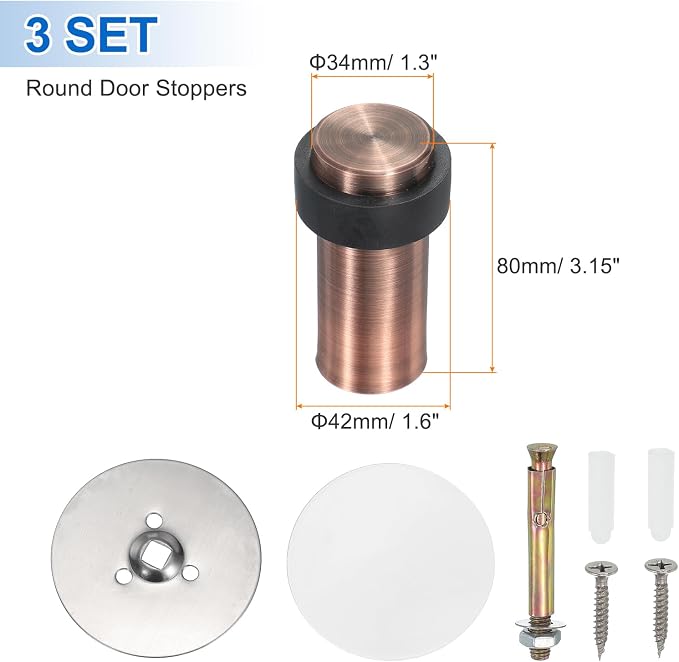 PATIKIL 3Set Round Door Stoppers, 80mm Stainless Steel Door Stop Doorstop Wedge - Image 2