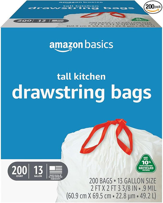 Amazon Basics 13 Gallon Tall Kitchen Drawstring Trash Bags, 10% Post Consumer by AmazonBasics