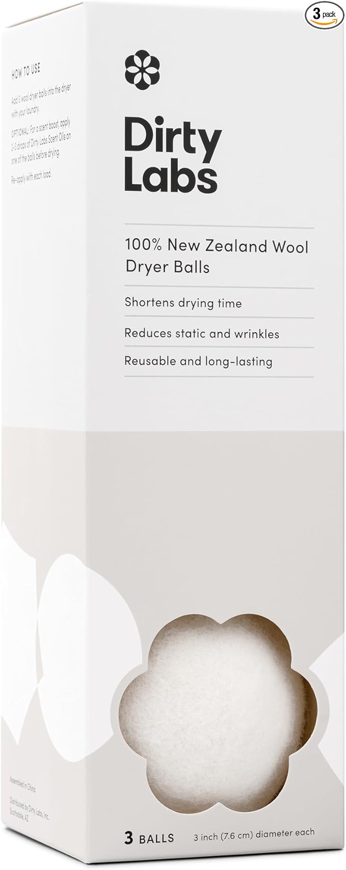 Dirty Labs | 100% New Zealand Wool Dryer Balls | 3 Balls | Shorten Drying Time by DirtyLabs