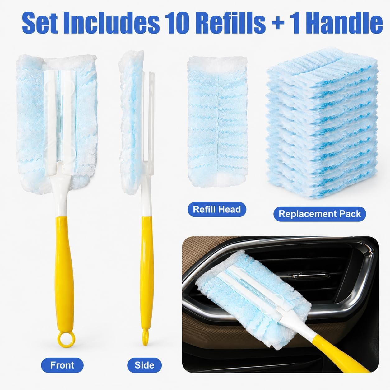 10pcs Duster Refills, Microfiber Cleaning Tools with 1 Handle, Electrostatic Duster Replacement Head, Disposable Cleaning Supplies for Car Kitchen Bedroom Furniture Blinds