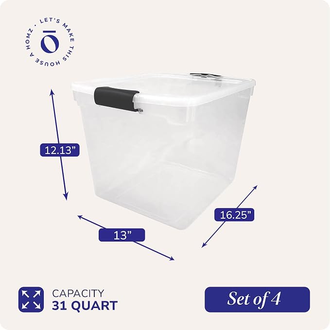 HOMZ 4-Pack Latching Lid, Large Clear Plastic Storage Bins - Image 4