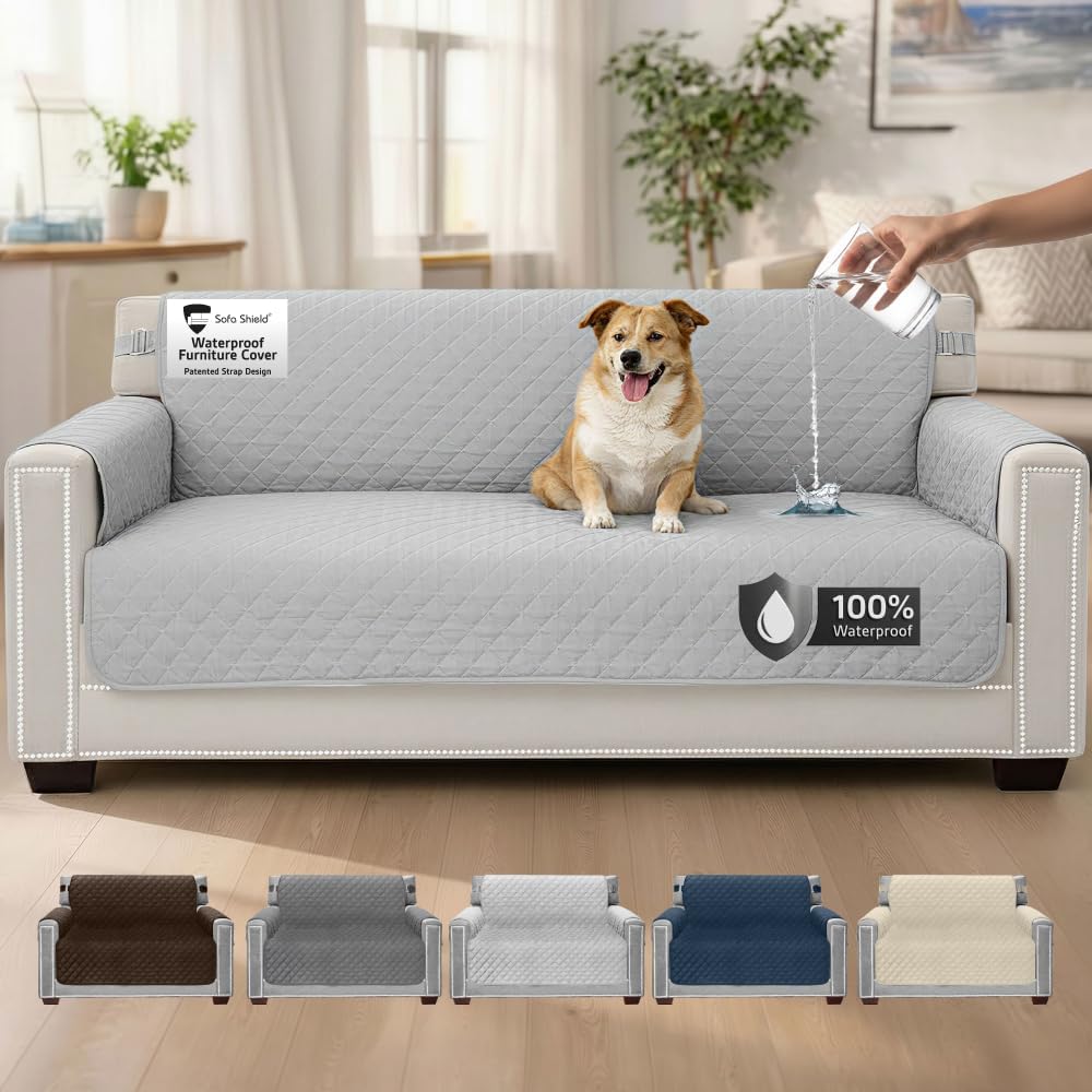 Sofa Shield 100% Waterproof Couch Cover with Patented Straps, Slip & Stain Resistant Furniture Protector, Machine Washable Sofa Slipcover for Dogs Cats Pets Kids, 70 inch Seat, Light Gray