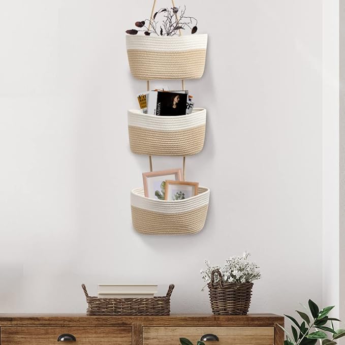 TeoKJ Over the Door Hanging Basket, 3-Tier Woven Cotton Wall-Mounted Storage - Image 7