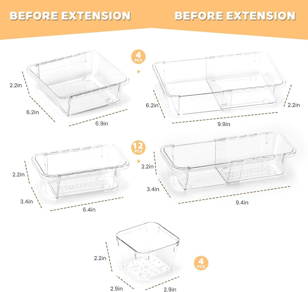 20PCS Clear Drawer Organizer Set, Expandable Acrylic Vanity Storage Bins, 2 S...