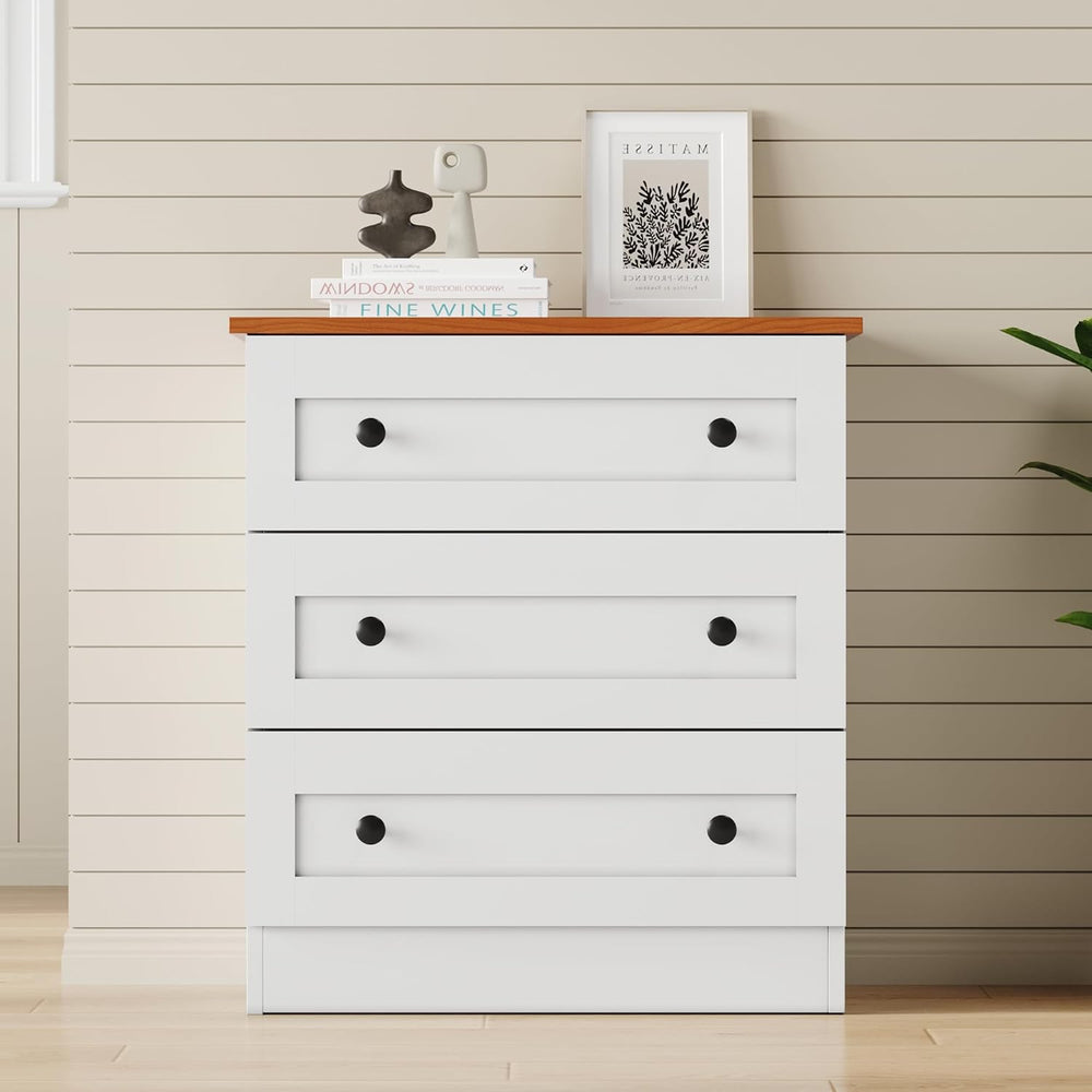 Furnify Farmhouse 3 Drawer Dresser, Small Chests of Drawers, White & Walnut