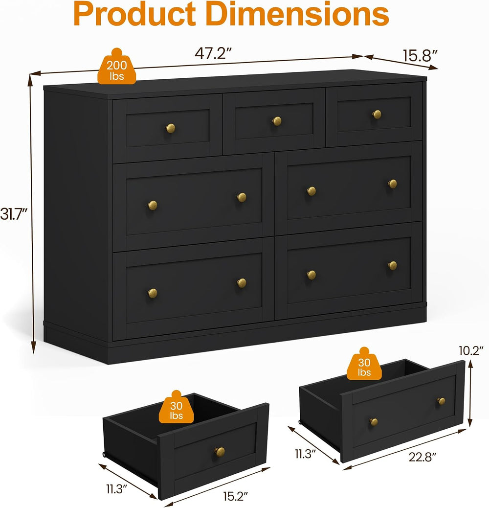 RoyalCraft 7 Drawer Dresser, Black Dresser for Bedroom, Wood Chest of Drawers...