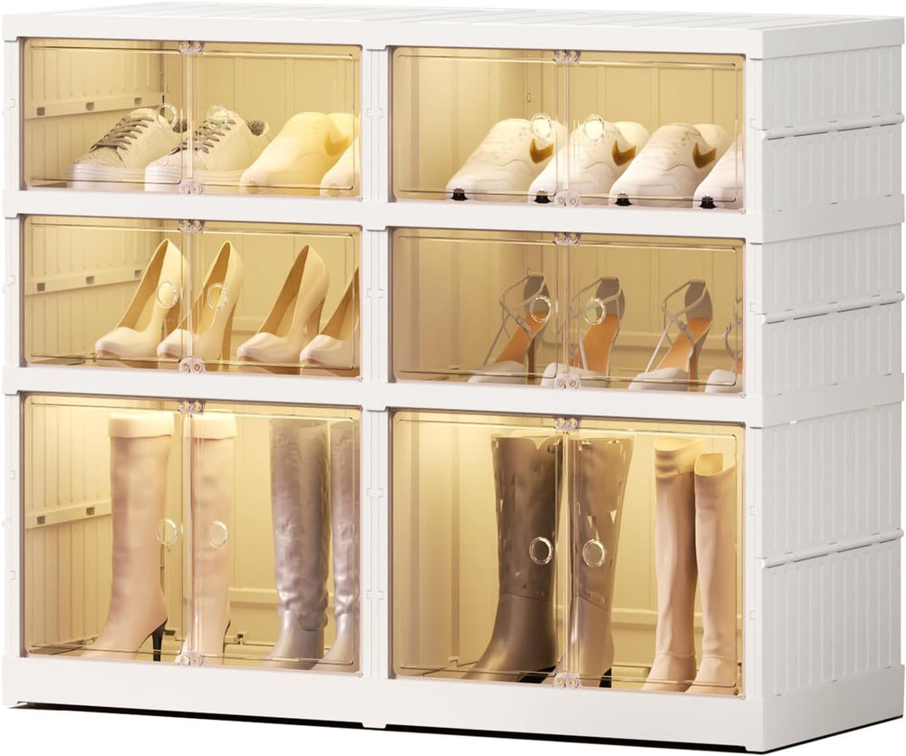 EHAMILY 3-Tier Foldable Shoe Rack Organizer, Magnetic Doors, 12 Pairs,White