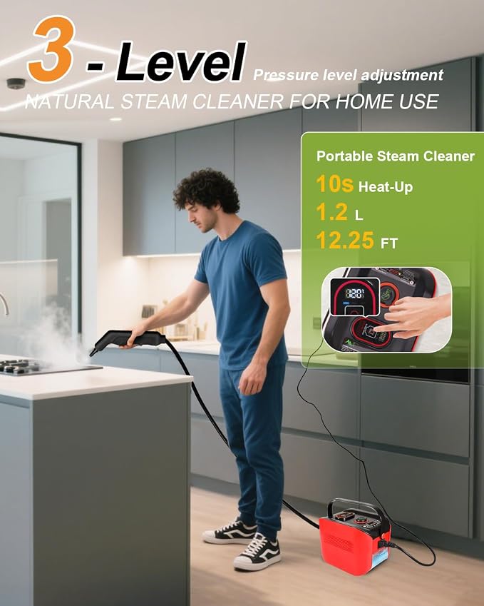 Handheld Steam Cleaner for Home, 10s Heat-Up/2.11 Qt Tank/4.5BAR High Pressure - Image 4