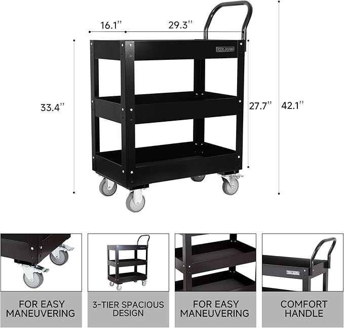 3 Tray 29.3 inch Tool Cart, self Assembly, 300 LBS Capacity Rolling Tool Carts - Image 3