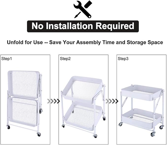 Melody House 2-Tier Metal Folding Rolling Cart, Mobile Utility Cart Trolley - Image 2