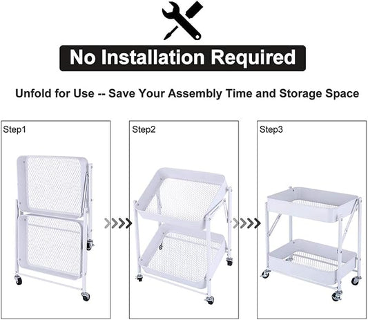 Melody House 2-Tier Metal Folding Rolling Cart, Mobile Utility Cart Trolley - Image 2