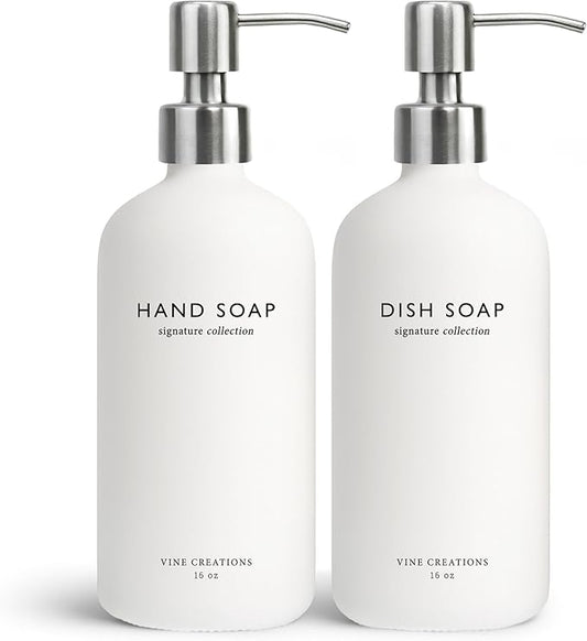 Vine Creations White Glass Soap Dispenser Set, Dish Soap and Hand Soap by VineCreations