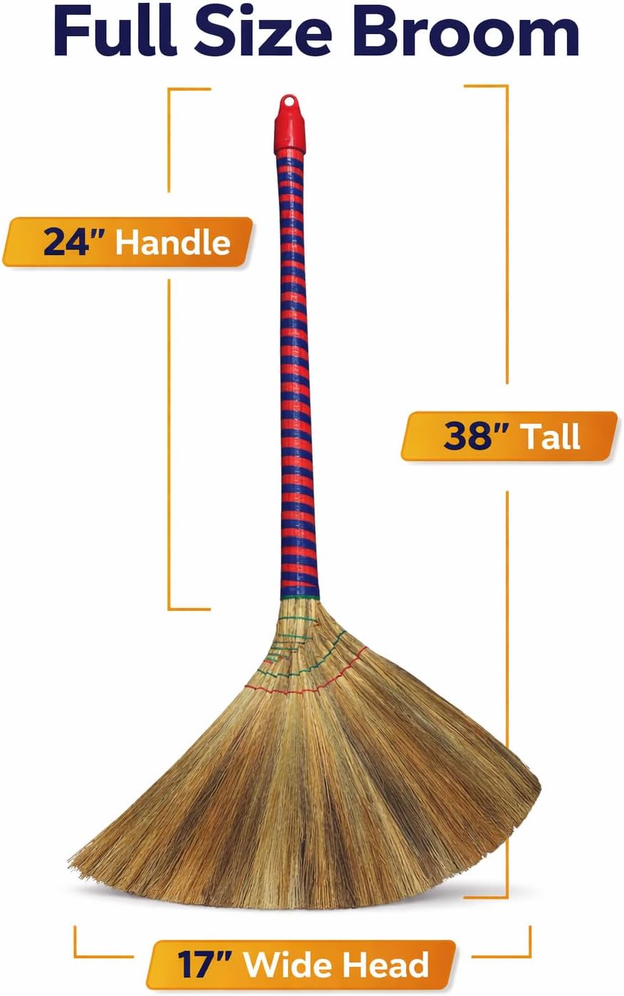 Vietnam Handcrafted Straw Soft Broom with Colored Handle, 17 Inch Head Width, 38 Inch Overall Length (1 pc)