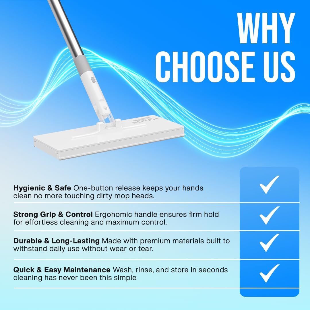 FlexiClamp Sweep & Mop Kit - Compatible with Swiffer Pads, Durable Cleaning Tool for Hardwood, Tile, Marble & Laminate Floors, Home, Kitchen Cleaning Essentials. (Include 10 Dry Cloths)