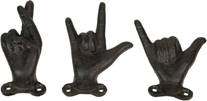 Zeckos Set of 3 Hand Gesture Wall Hooks, Brown Distressed Cast Iron, 4 Inch