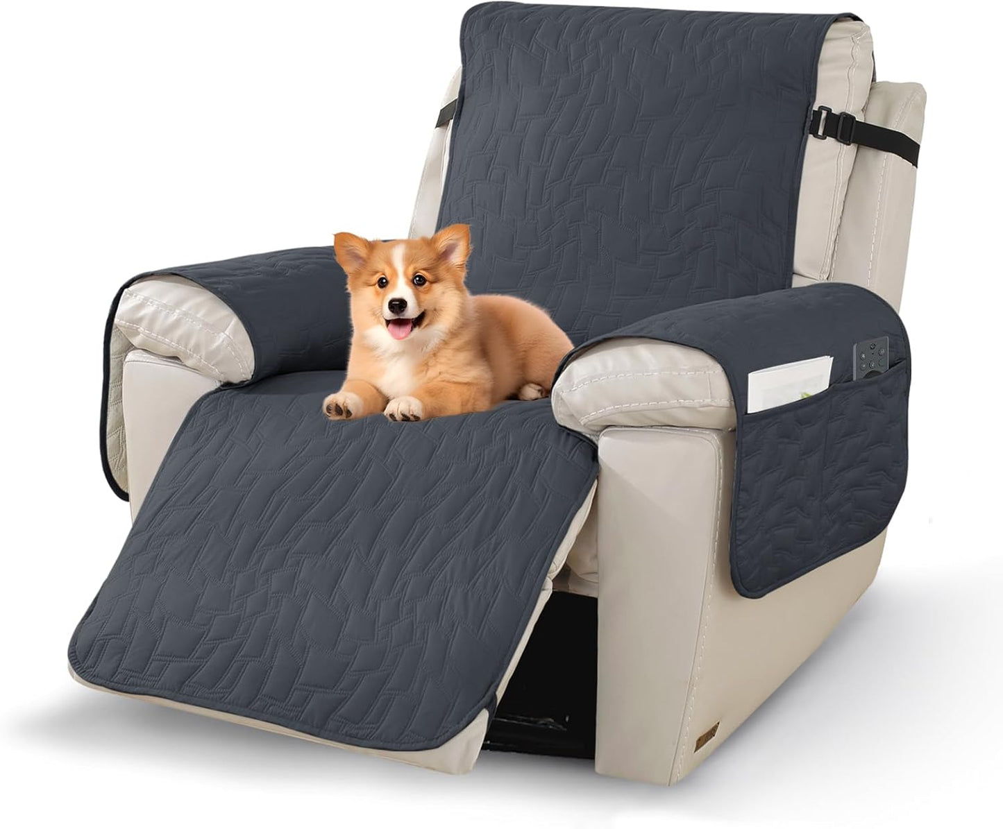 100% Waterproof Recliner Chair Covers,Non-Slip Chair Cover Dog Furniture Protector Recliner Covers Washable Slipcover with Pocket,Elastic Straps for Pets,Dogs,23.6",Dark Gray