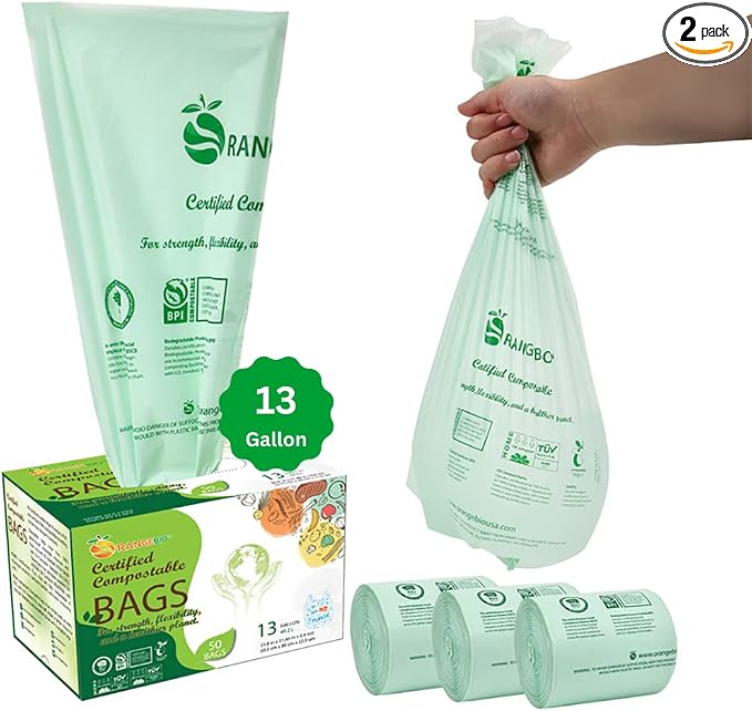 100% Compostable Trash Bags 13 Gallon Tall Kitchen, 0.9 Mil, Kitchen Compost by OrangeBio
