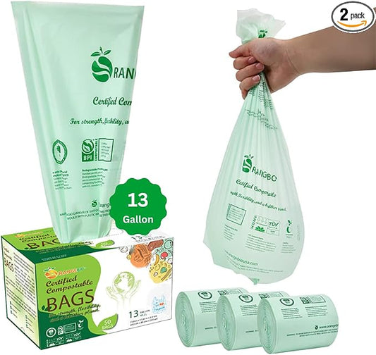 100% Compostable Trash Bags 13 Gallon Tall Kitchen, 0.9 Mil, Kitchen Compost by OrangeBio
