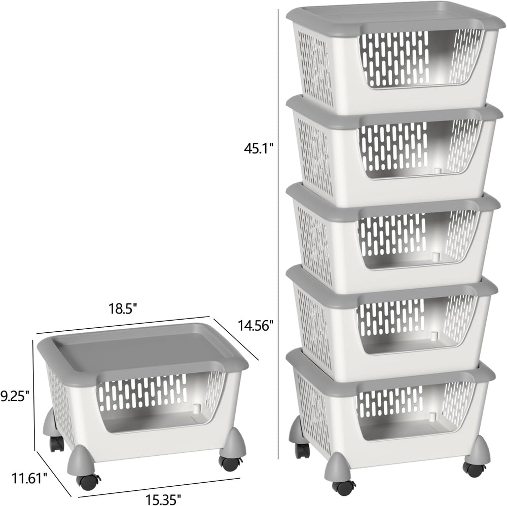 Plastic Stacking Basket with Wheels, Stackable Storage Basket Organizer, 5 Tiers