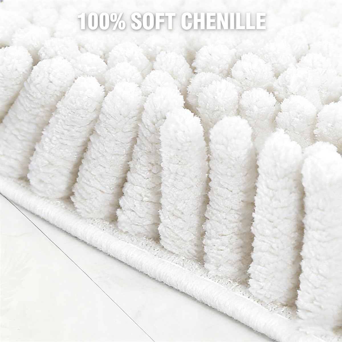HYFAN Chenille Bath Mat Non Slip, Extra Dense and Highly Absorbent Bathroom Rug with TPR Rubber Bottom, Machine Washable Shower Semi Circle Floor Mat for Tub Sink, 19.7x31.5 Inch, White