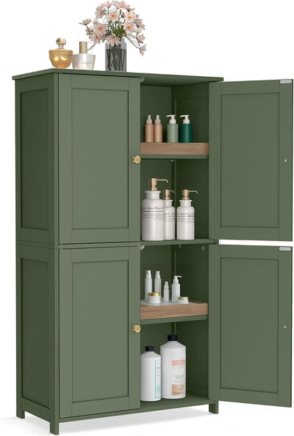 VASAGLE Bathroom Floor Storage Cabinet, 4 Doors, Forest Green
