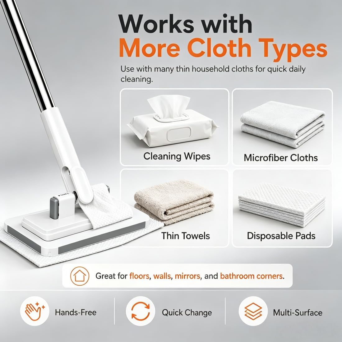 Hands Free Flat Mop, 2026 Upgraded Hands Free Multi Purpose Flat Mop, Multifunctional Lazy Mops with One-Click Cloth Attachment with 10 Reusable Cloths, Ideal for Washbasin and Kitchen (43in)